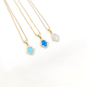 Hamsa Gold Plated Necklace, Blue Opal Mother of Pearl Turquoise Hamsa Necklace, Hamsa Charm 925 Sterling Silver Necklace