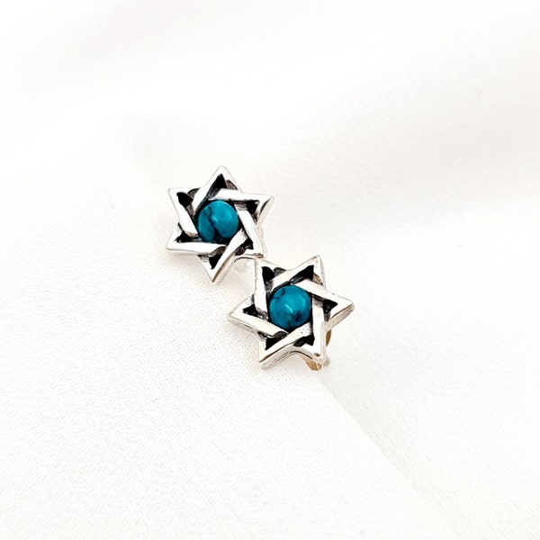 Green Eilat Stone Star Stud Earrings, Blue Opal David Star Earrings, 925 Sterling Silver Magen David Earrings
