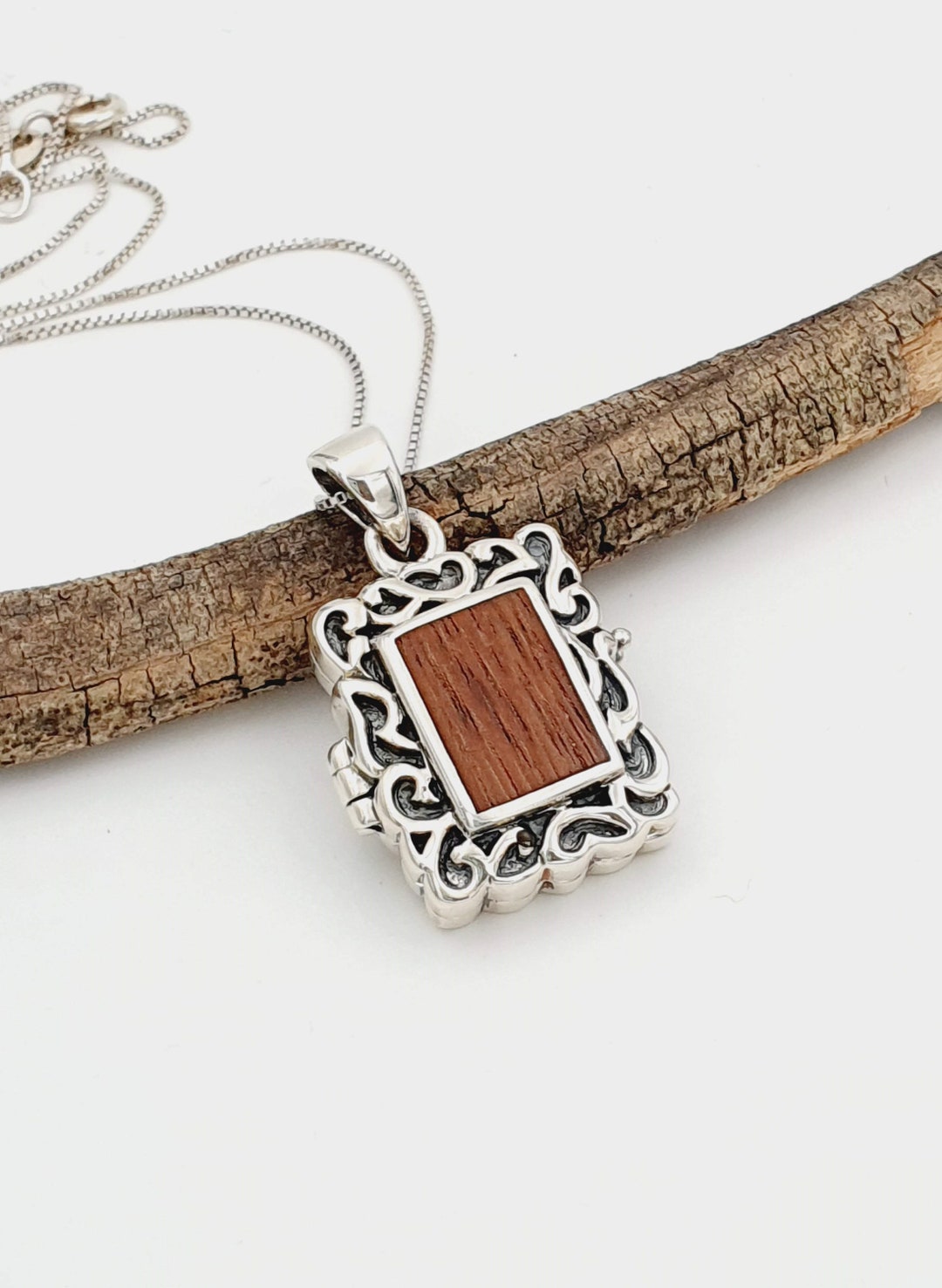925 Sterling Silver Picture Frame Locket Pendant Necklace, Wooden ...