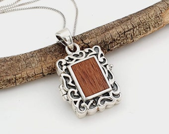 925 Sterling Silver Picture Frame Locket Pendant Necklace, Wooden