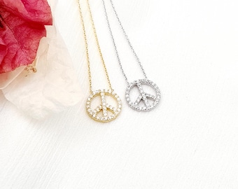 Gold Plated Sterling Silver Peace Sign Necklace with CZ Crystals