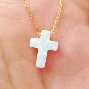 Opal Cross Necklace, White Opal Cross Pendant Necklace, Cross Sterling Silver Necklace Yellow Gold Plated Rose Gold Plated , Opal Jewelry image 4