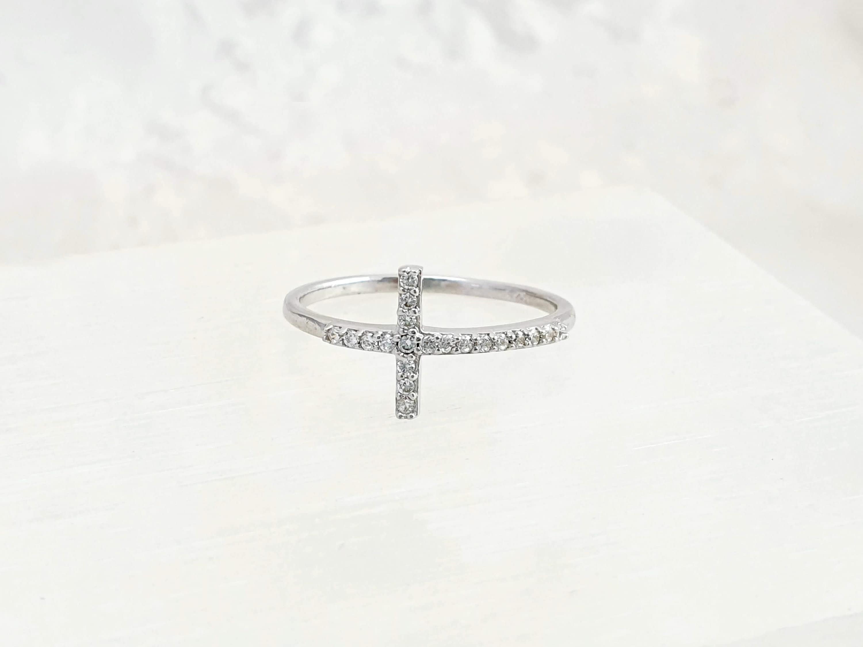 Sterling Silver Sideways Cross Ring With CZ Crystals - Etsy