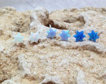 Star Opal Stud Earrings, Tiny White Blue Light Blue Opal Star Studs, Opal David Star Stud Earrings