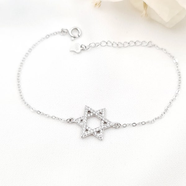Star Of David Bracelet, 925 Sterling Silver David Star Bracelet Crystals, Jewish Judaica Jewelry, Dainty Bracelet