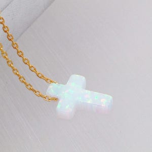 Opal Cross Necklace, White Opal Cross Pendant Necklace, Cross Sterling Silver Necklace Yellow Gold Plated Rose Gold Plated , Opal Jewelry image 5