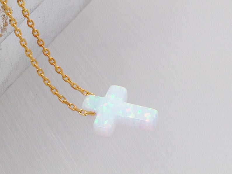 Opal Cross Necklace, White Opal Cross Pendant Necklace, Cross Sterling Silver Necklace Yellow Gold Plated Rose Gold Plated , Opal Jewelry image 5