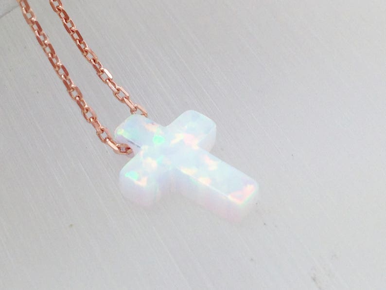 Opal Cross Necklace, White Opal Cross Pendant Necklace, Cross Sterling Silver Necklace Yellow Gold Plated Rose Gold Plated , Opal Jewelry image 7