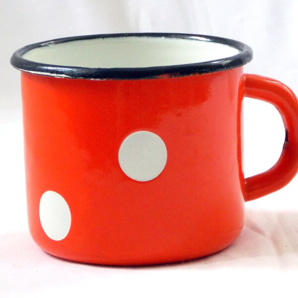 Mugs, Mugs polka dot, Kitchen decor, Rustic kitchen  Russia, Red, White, Polka dot, Enamel mug, Soviet tableware, Vintage cup, Metal cup