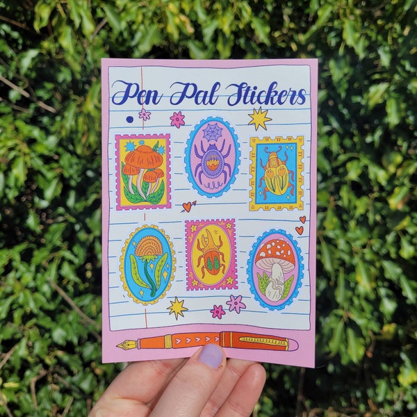 Pen Pal Stamp A6 Sticker Sheet full of bugs, mushrooms and plants