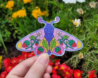 Colourful holographic shiny moth witch strawberry plant magical sticker