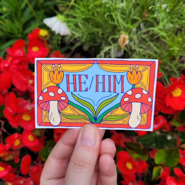 He/Him Pronoun Vinyl Sticker Mushrooms Stainglass