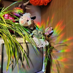 Op de afbeelding: Een stilleven met een pluche koe en kikker op een vintage televisie, met een graslelie. De sc&egrave;ne wordt verlicht door een regenbooglichteffect. Een roze roos en andere knuffels zijn zichtbaar op de achtergrond.