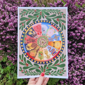 May include: A colorful print featuring a circular design with illustrations representing different months. The design is surrounded by a border of green leaves and red berries. The print has a beige background and is held by a person.