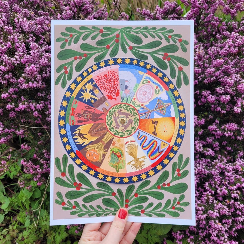 May include: A colorful print featuring a circular design with illustrations representing different months. The design is surrounded by a border of green leaves and red berries. The print has a beige background and is held by a person.