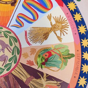May include: A colorful illustration of a seasonal wheel with months labeled. The image features a rainbow flag, a wheat doll, a basket of produce, and a smiling pumpkin. The months of July, August, September, and October are visible.