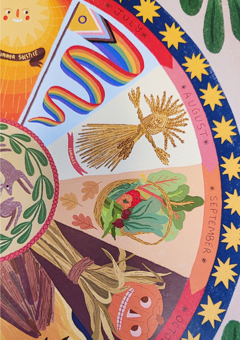 May include: A colorful illustration of a seasonal wheel with months labeled. The image features a rainbow flag, a wheat doll, a basket of produce, and a smiling pumpkin. The months of July, August, September, and October are visible.