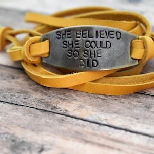 She Believed She Could So She Did Hand Stamped Brass Leather Wrap Bracelet *Gift for Her**Inspirational Gift*Graduation Gift