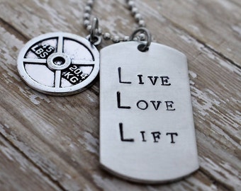 Hand Stamped "Live Love Lift" Dog Tag Necklace with Weight Plate Charm *Fitness Jewelry*Motivational Jewelry*Exercise*Dumbell*Weightlifter