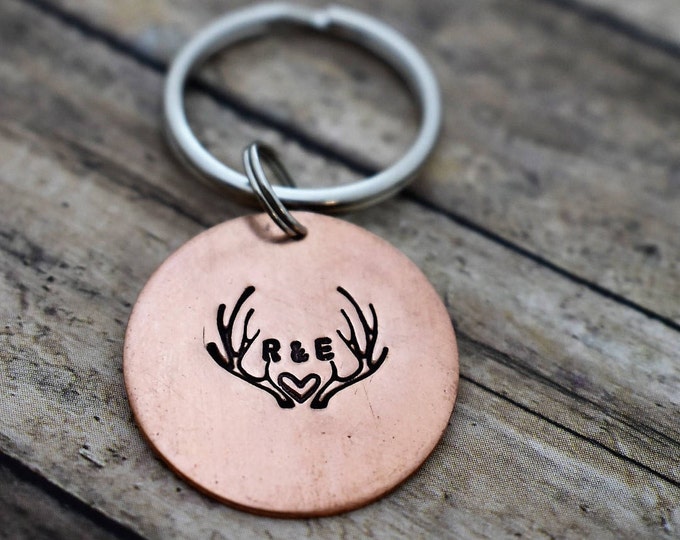 Featured listing image: Hand Stamped Personalized Antler Keychain - Initials - Deer Antlers - Hunting - Hunter Gift - Deer Hunting -