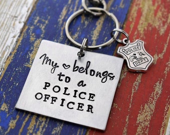 My Heart Belongs to a Police Officer Hand Stamped Keychain *Police Wife*Cop Wife*Police Officer Keychain*Police Badge