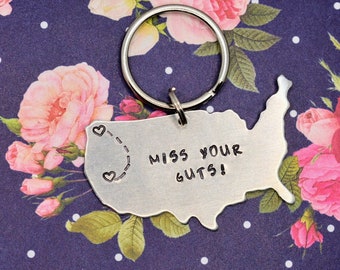 United States Custom Long Distance Friendship Relationship Keychain - Hand Stamped - Miss Your Guts - Best Friends Gift - Girlfriend Gift