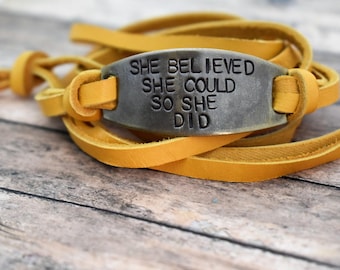 She Believed She Could So She Did Hand Stamped Brass Leather Wrap Bracelet *Gift for Her**Inspirational Gift*Graduation Gift