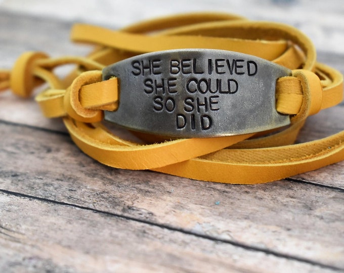 Featured listing image: She Believed She Could So She Did Hand Stamped Brass Leather Wrap Bracelet-Inspirational Gift-Graduation Gift-Gift for Her
