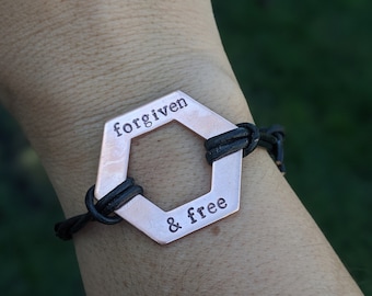 Octagon Hand Stamped Bracelet - Forgiven & Free - Leather Adjustable Bracelet - Christian Jewelry