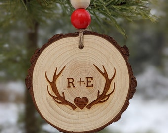 Personalized Wood Slice Ornament - Antlers and Initials - Couples Gift - Gift for Him - Hunters - Christmas Ornament