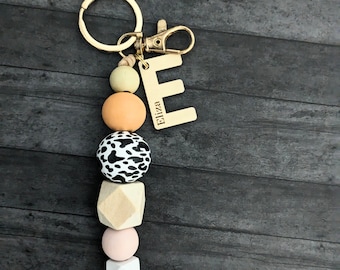 Personalized Name Beaded Keychain-Initial Keychain-Bridesmaid Gift-New Driver Gift-Boho Keychain-Purse Tag-Wood Beaded Keychain-Bag Tag