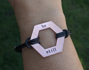 Octagon Hand Stamped Bracelet -Be Still - Leather Adjustable Bracelet - Daily Mantra - Inspirational Jewelry - Christian Jewelry