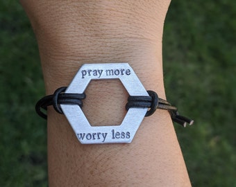 Octagon Hand Stamped Bracelet - Pray More Worry Less - Leather Adjustable Bracelet - Christian Jewelry - Inspirational Jewelry