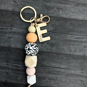 Personalized Name Beaded Keychain-Initial Keychain-Bridesmaid Gift-New Driver Gift-Boho Keychain-Purse Tag-Wood Beaded Keychain-Bag Tag