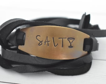 Salty - Margarita Glass -  Hand Stamped Leather Wrap Bracelet - Funny Bracelet - Funny Gift -Beach Life -
