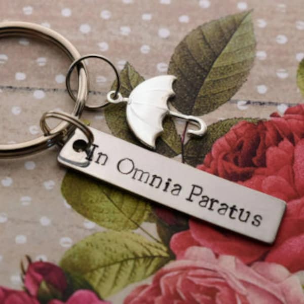 In Omnia Paratus Hand Stamped Keychain - Ready for Anything - Pop Culture - Best Friend Gift- Umbrella Keychain