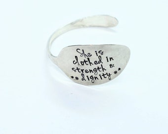 Hand Stamped Vintage Silver Plated Spoon Bracelet Bangle - She Is Clothed In Strength and Dignity