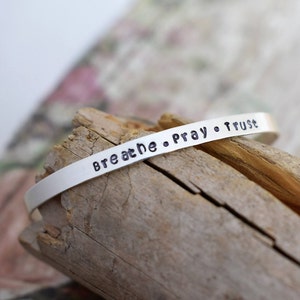 Skinny Hand Stamped Sterling Silver Cuff Bracelet Breathe.Pray.Trust -Christian Jewelry-Inspirational Gift-Rose Gold-Gold Cuff-Gift for Her