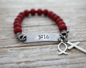 Hand Stamped 3:16 on Beaded Elastic Bracelet - For God so loved the world -  *Christian Jewelry*John 3 16*Cross Charm*Fish Charm*