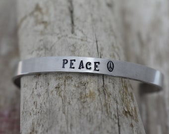 Peace Hand Stamped Cuff Bracelet - Peace Sign - Inspirational Bracelet - Peace Bangle Bracelet