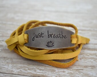 Hand Stamped Brass - Just Breathe - Lotus Flower - Leather Wrap Bracelet-Inspirational Jewelry-Daily Mantra-Gift For Her