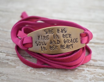 She Has Fire In Her Soul and Grace In Her Heart -  Hand Stamped Leather Wrap Bracelet - Christian Jewelry - Faith - Gift for Her