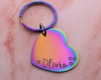 Personalized Rainbow Heart Keychain - Hand Stamped Name Keychain - BFF Gift - Best Friend Gift - Gift for Teenager - Stocking Stuffer