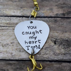 Handmade Stamped Fishing Lure -&quot;You caught my heart&quot; *Personalized Lure*Anniversary Gift*Fisherman*Gift for Him*Valentine&#39;s Gift*