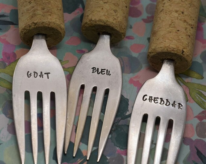 Hand Stamped Cheese Markers - Silver Plated Fork Cheese Markers - Hostess Gift - Cheese Lover - Cheese Maker Set