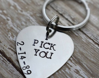 I Pick You Hand Stamped Aluminum Guitar Pick Keychain with Personalized Date*Anniversary Gift*Valentine's Gift*Gift For Him*Musician*