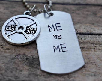 Hand Stamped ME vs ME Dog Tag Necklace with Weight Plate Charm *Fitness Jewelry**Motivational Jewelry**Exercise**Dumbell*