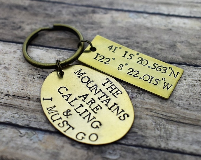 Featured listing image: The Mountains Are Calling & I Must Go Hand Stamped Brass Keychain with Coordinates *Coordinates Keychain**Latitude and Longitude*