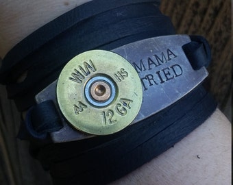 Mama Tried Hand Stamped on Brass with Winchester 12 Gauge Bullet Slice - Leather Wrap Bracelet *Merle Haggard*Country Music*Country Girl*