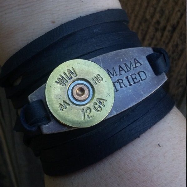 Mama Tried Hand Stamped on Brass with Winchester 12 Gauge Bullet Slice - Leather Wrap Bracelet *Merle Haggard*Country Music*Country Girl*